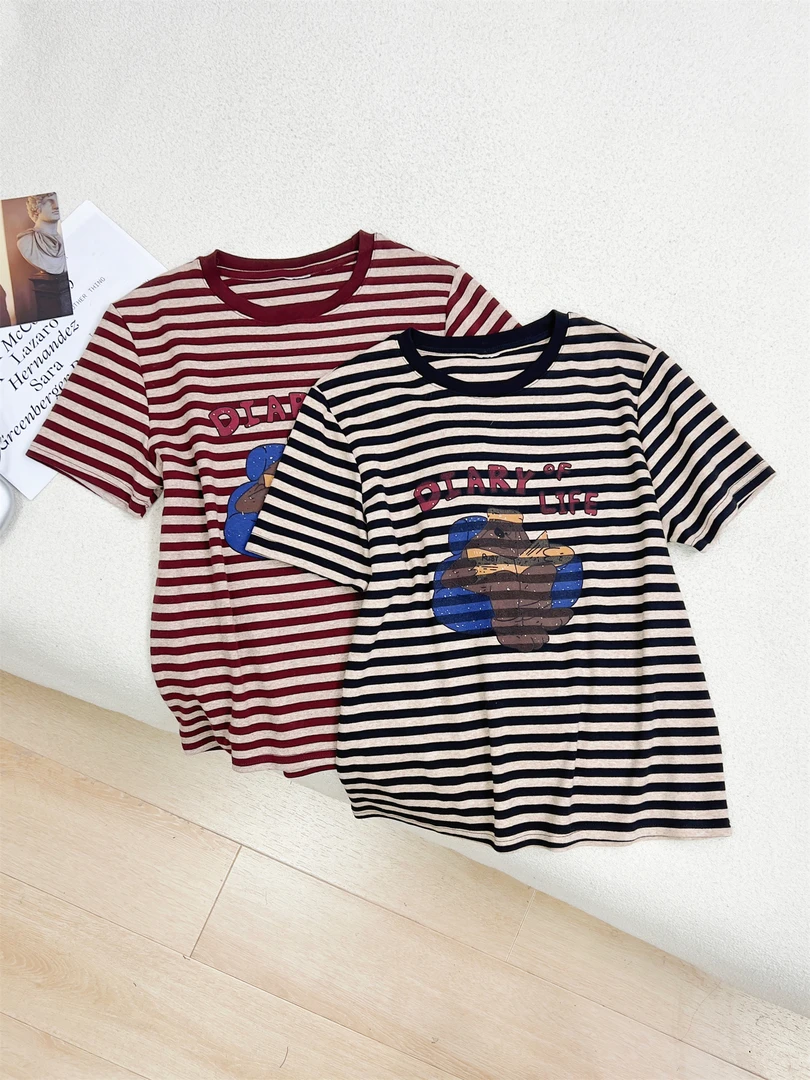 【女王洛克】早春新款韩版时尚简约休闲百搭条纹短袖上衣女LK81353