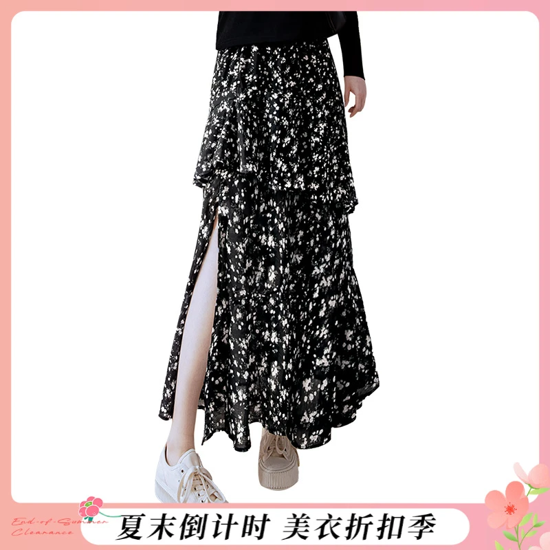 丝柏舍2025夏季新款女装时尚显瘦碎花荷叶边开衩半身裙S41R0859B