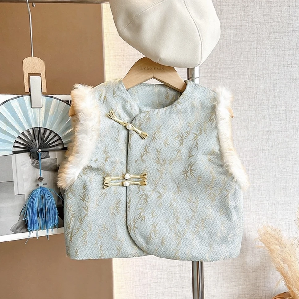 新年款【落雨斋】啵小爸冬季儿童新中式刺绣无袖唐装夹棉马甲