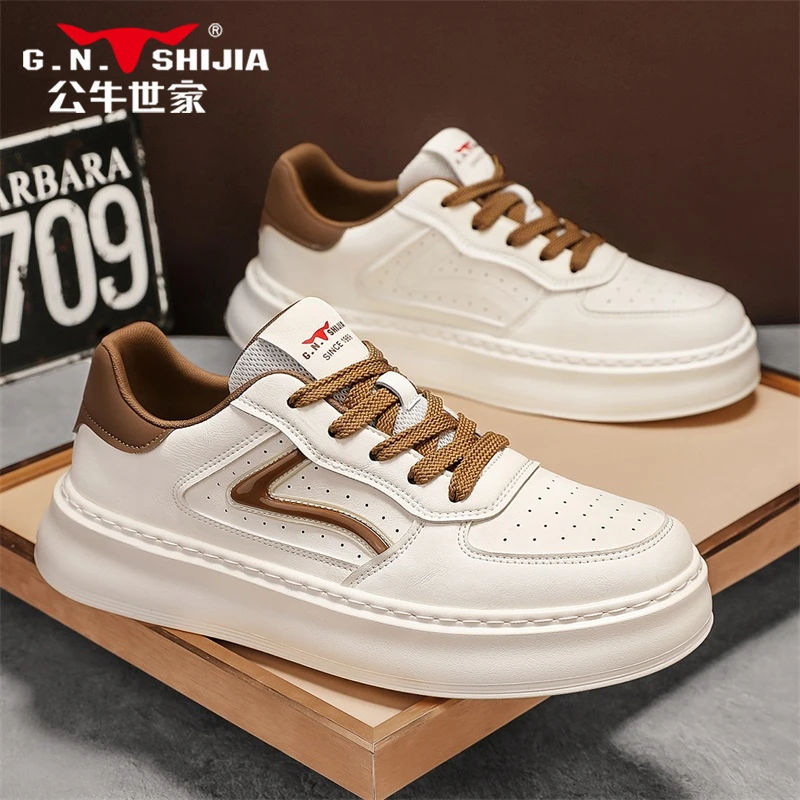 公牛世家欧洲站小白鞋男款夏季时尚休闲透气板鞋厚底男士百搭潮鞋