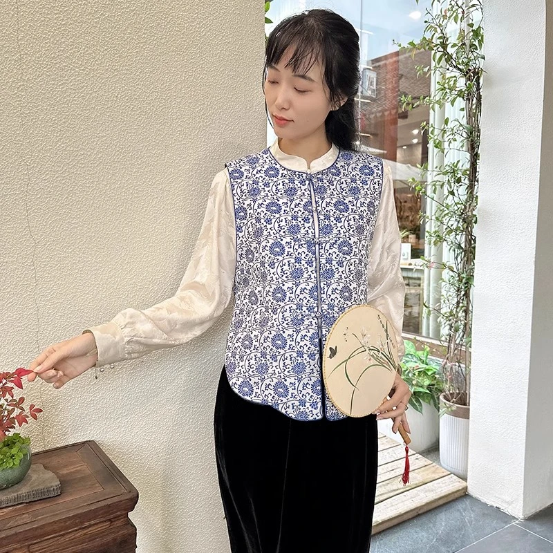青花瓷原创新中式设计非遗传承老宋锦马甲2024秋季新款女装