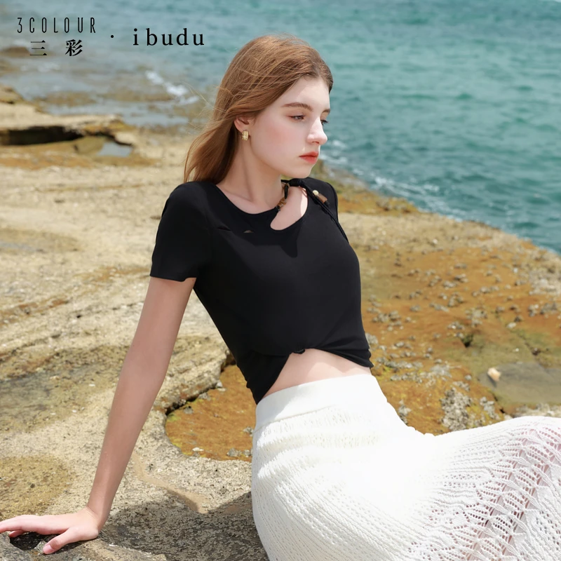 三彩ibudu2025夏季新款新中式T恤正肩短袖盘带串珠上衣女