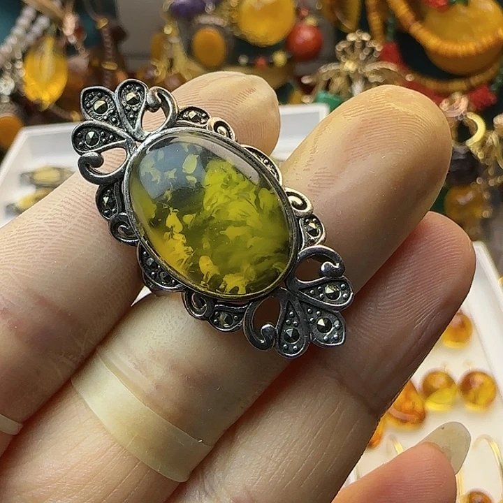 开***心琥珀银S925镶嵌戒指