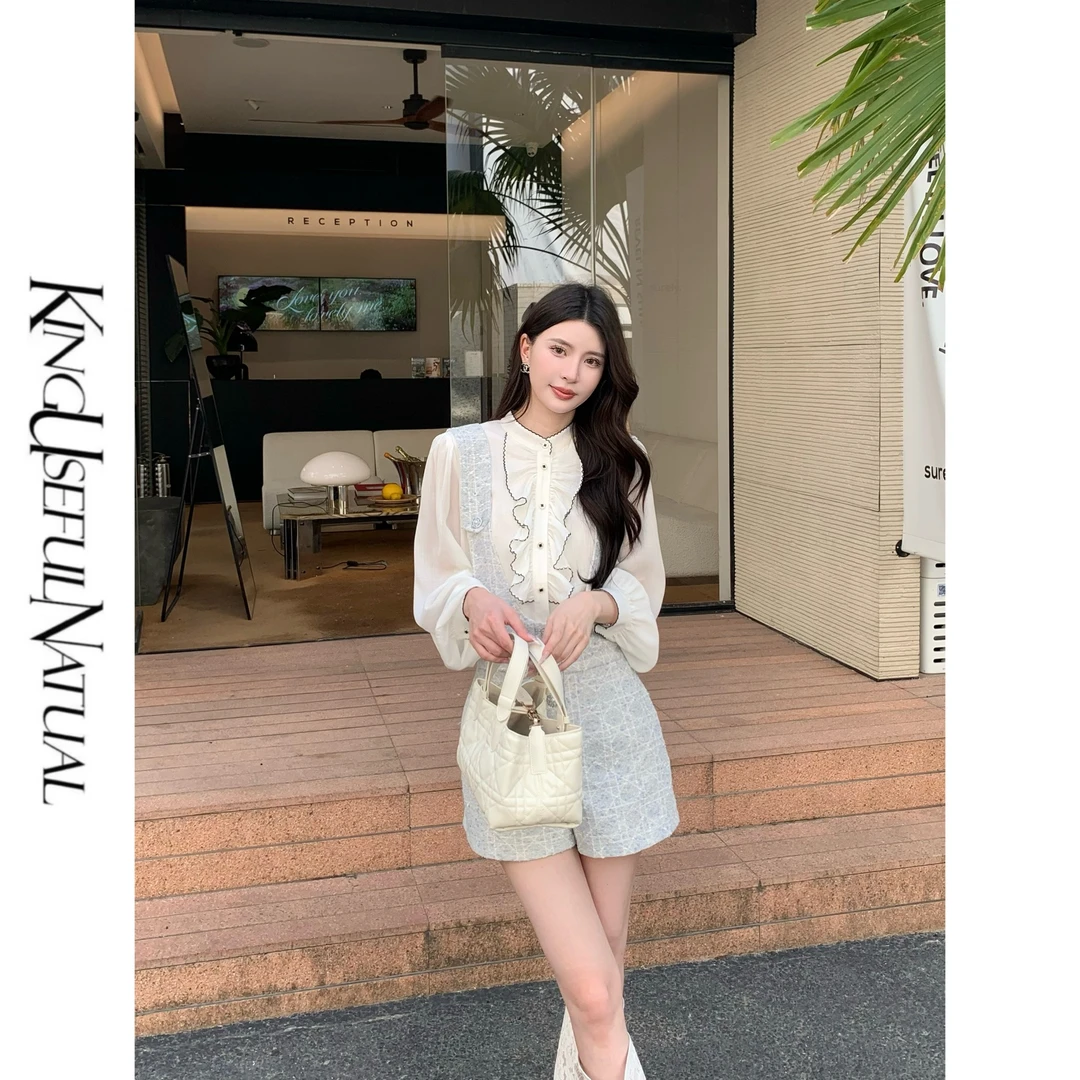 KUN【罗勒清晨】气场造型 细闪微皱定制锁边荷叶领口米白衬衫上衣