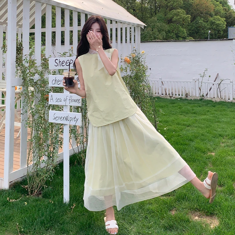 网纱半身裙无袖上衣两件套仙女夏季超火独特绝美高级感度假风套装