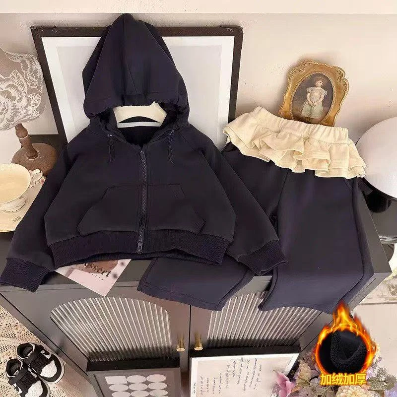 女童2025秋冬儿童新款加绒两件套连帽开衫外套阔腿裤时髦套装潮