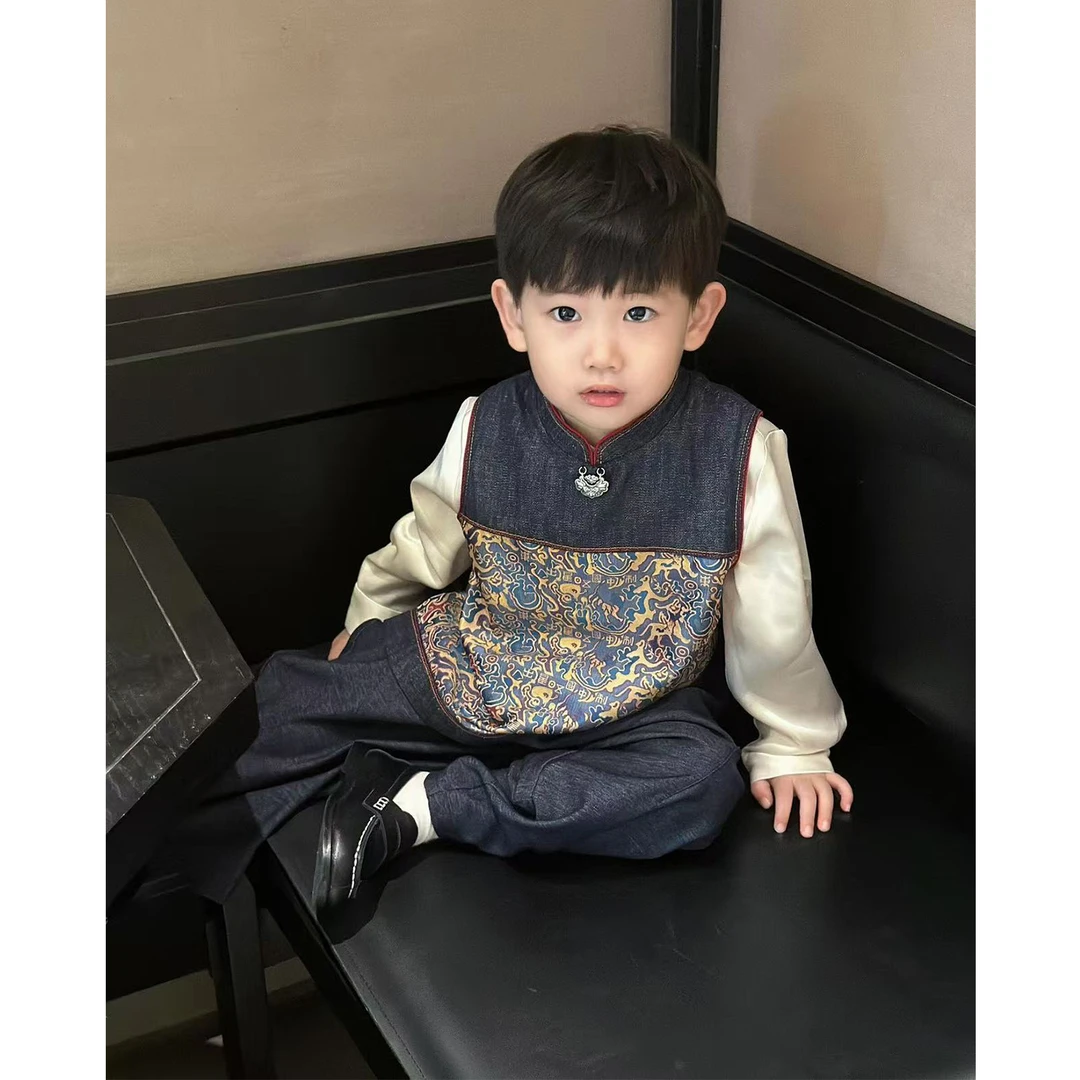 现货壹妈童装男童国风套装儿童秋季唐装汉服藏蓝色马甲裤子两件套