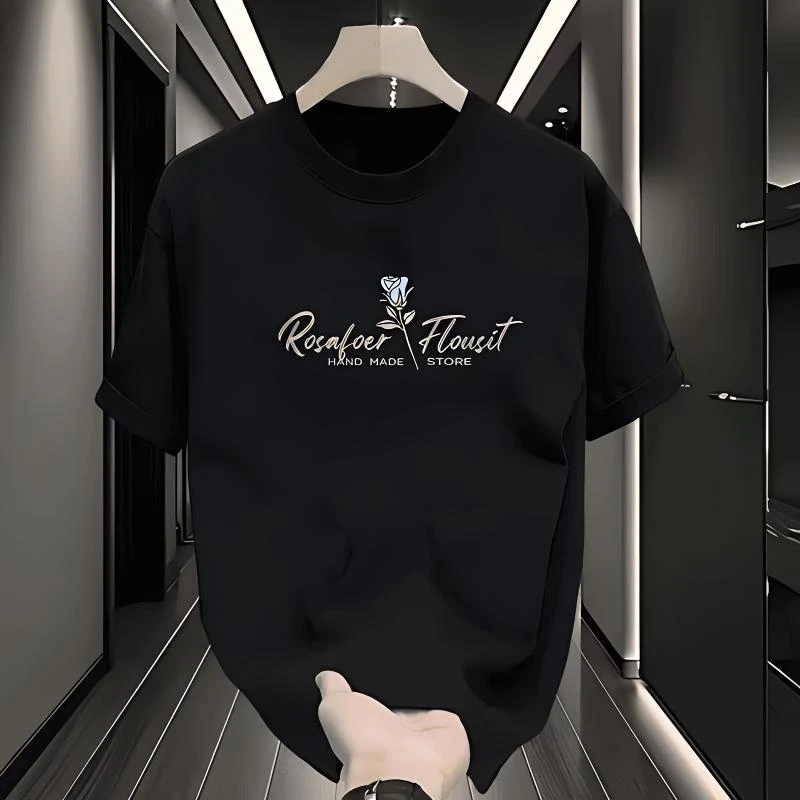 雅鹿男装2025短袖男款圆领百搭纯棉高级感宽松短袖圆领上衣印花