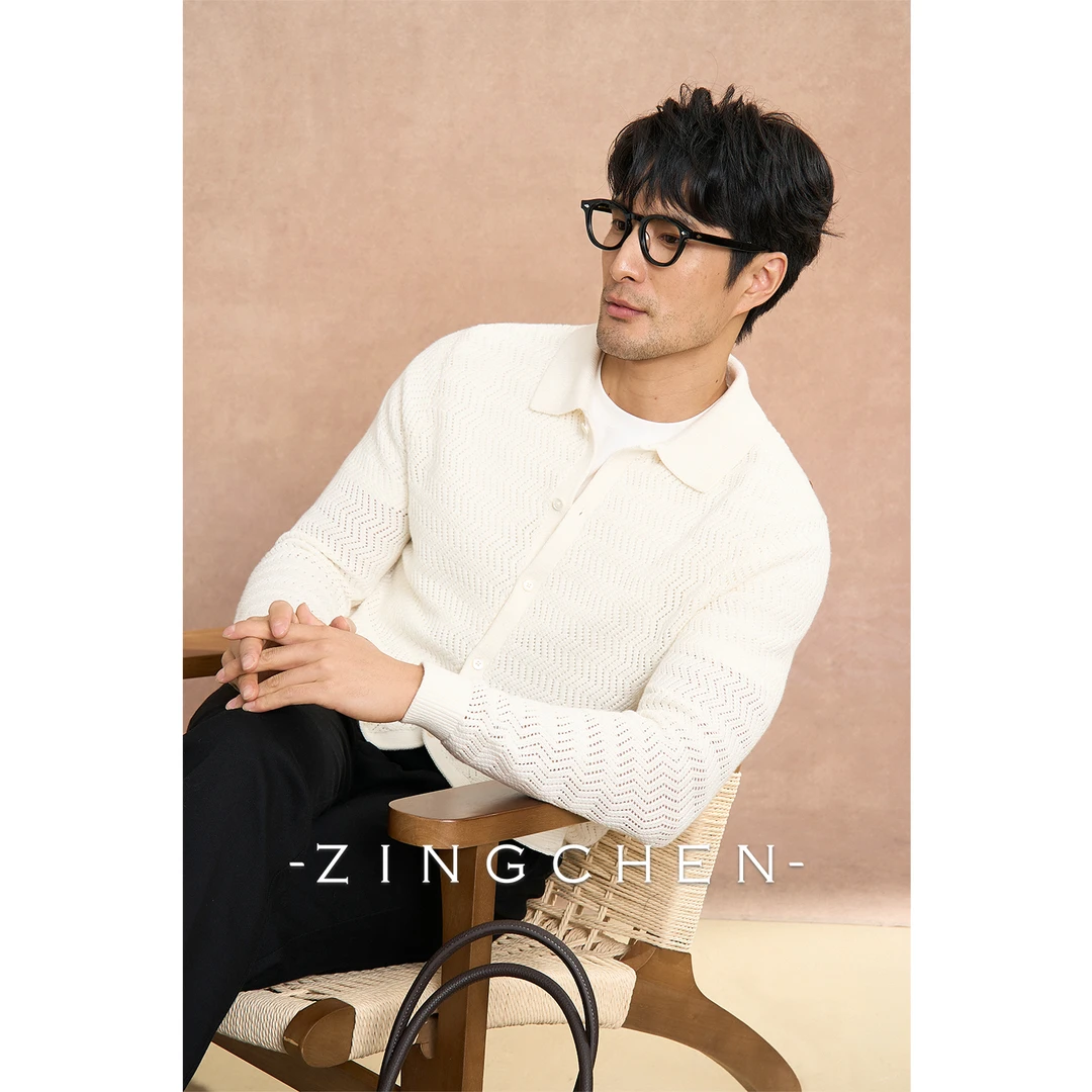【可机洗棉山羊绒】ZINGCHEN立体波浪纹长袖翻领针织开衫外套男