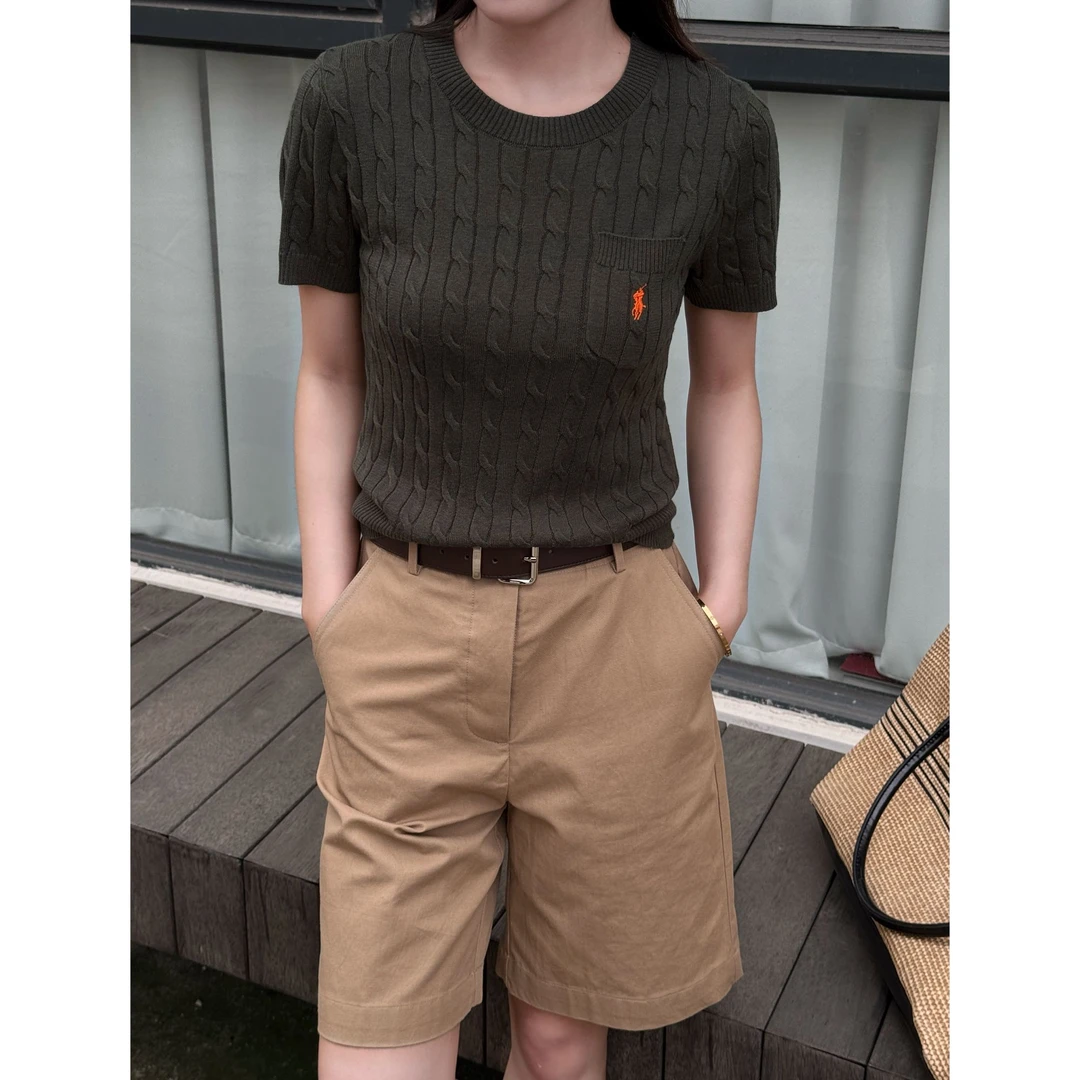 Yihouse夏季老钱风经典款麻花园领短袖女款百搭上衣Y8385