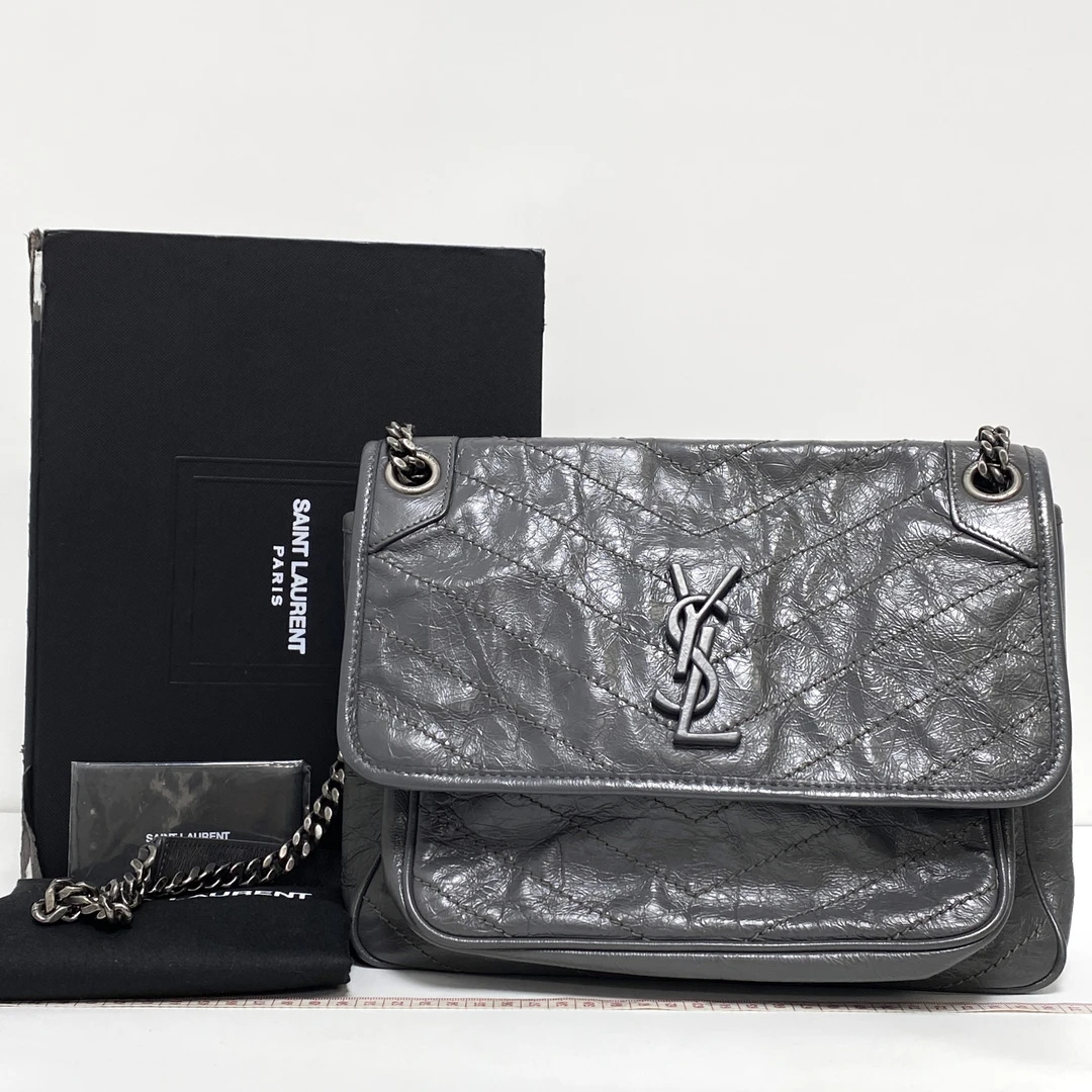 99新 YSL/圣罗兰 思斯亲用 YSL中号灰色niki斜跨包 THCI3362