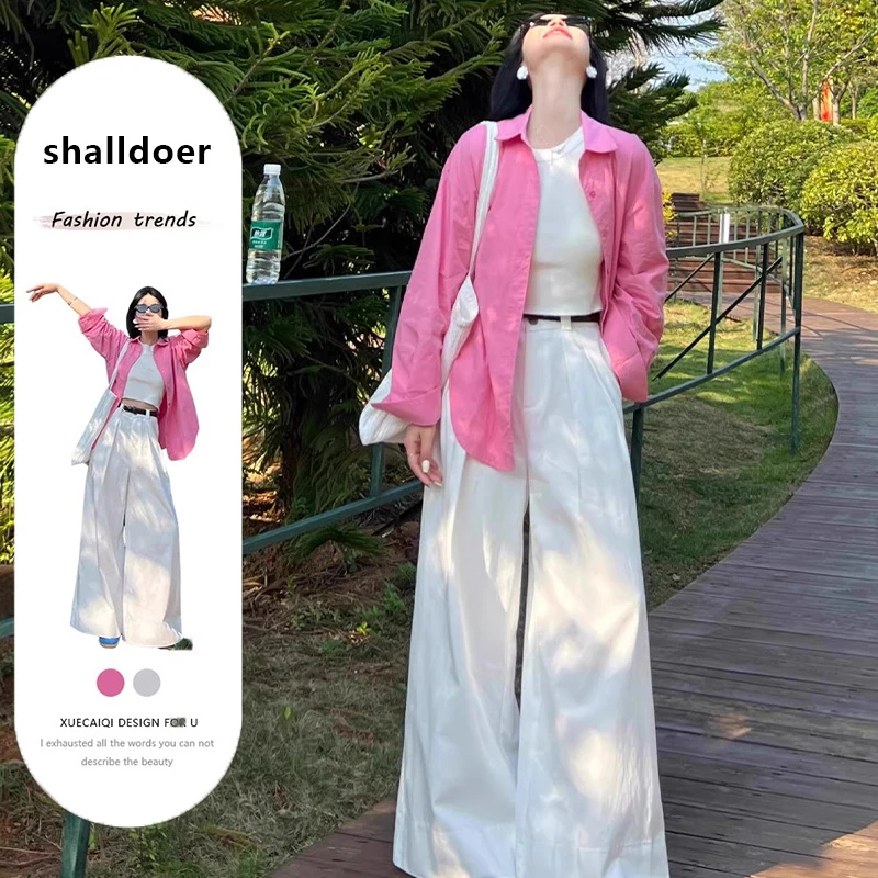 韩系ins风两件套2025春秋新款休闲宽松粉色衬衫拖地白阔腿裤套装