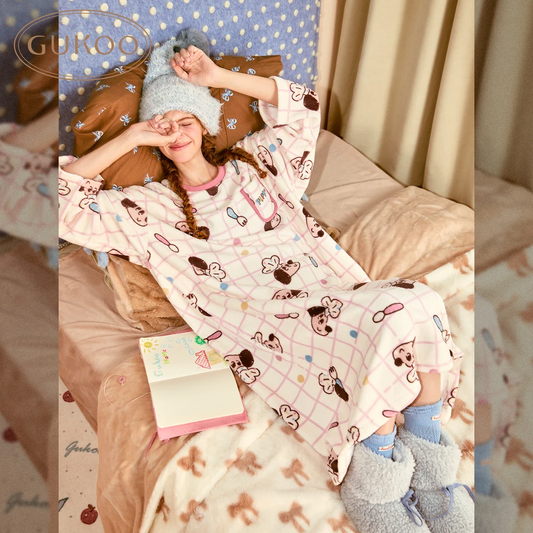 Gukoo/果壳轰轰料理小狗格纹睡裙冬季轻暖牛奶绒女家居服睡衣套装