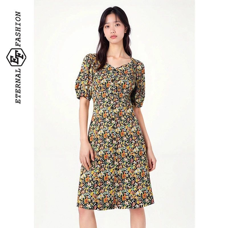 【昕昕严选】EF夏季桃心领碎花连衣裙泡泡袖中长裙1130321076