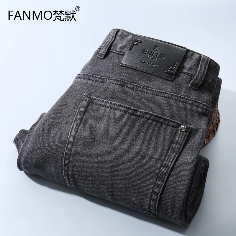 梵默2025秋冬新款牛仔裤男士直筒修身深灰色莱赛尔弹力休闲长裤子