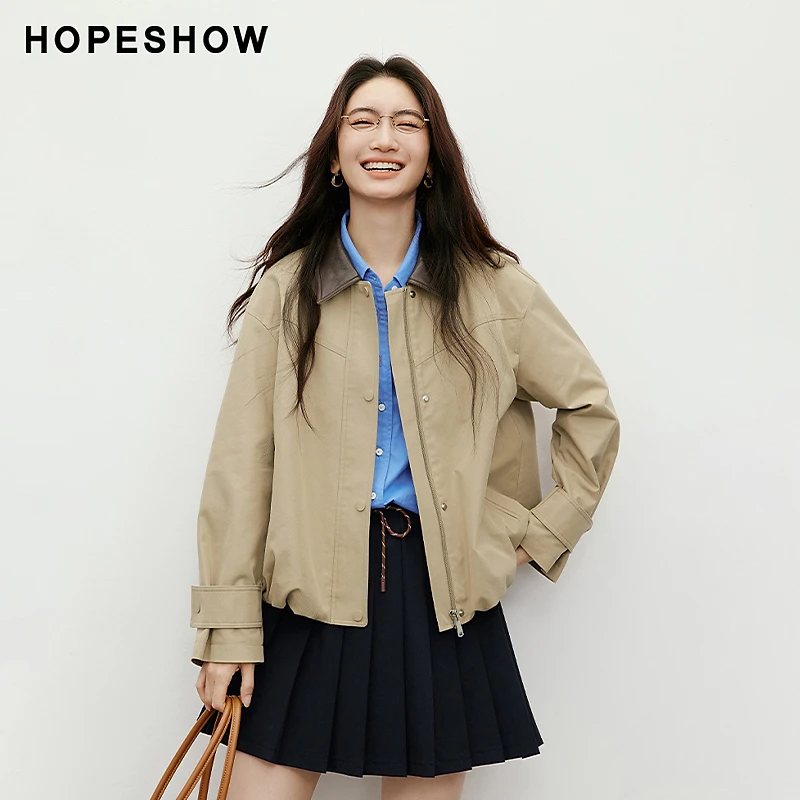 红袖2025秋新款女装 撞色拼接抽绳落肩长袖翻领短外套90125280406