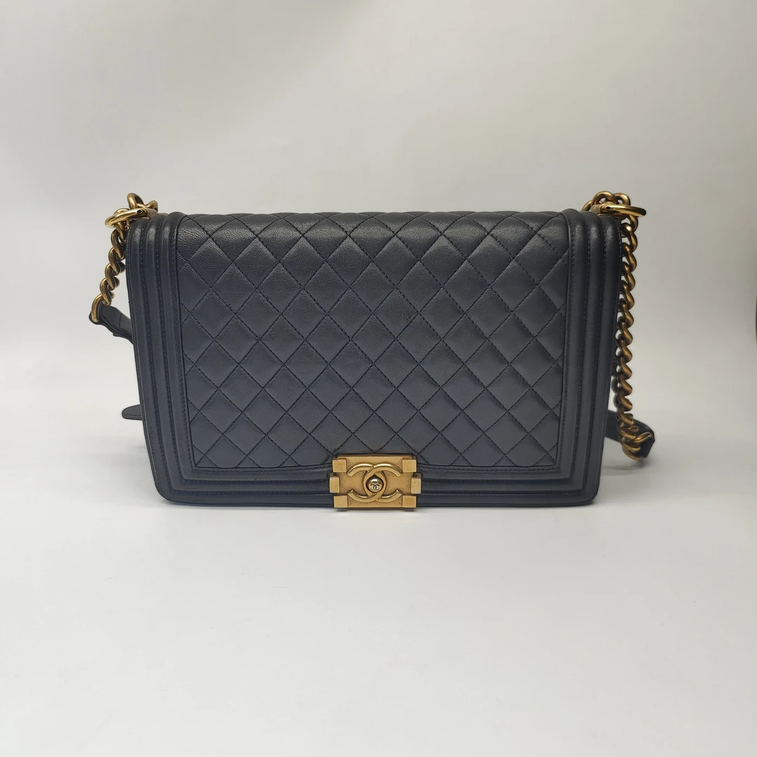 99新 Chanel/香奈儿 leboy羊皮黑金中大号 斜挎单肩链条包dx4281