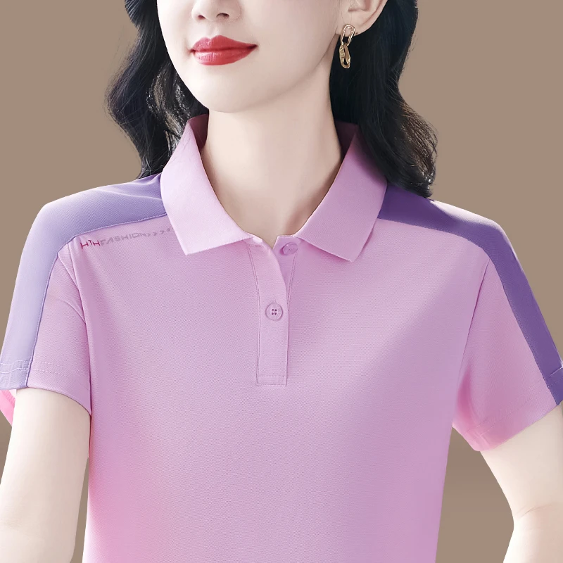 高级感冰丝短袖t恤女夏宽松休闲POLO衫时尚气质速干上衣翻领大码