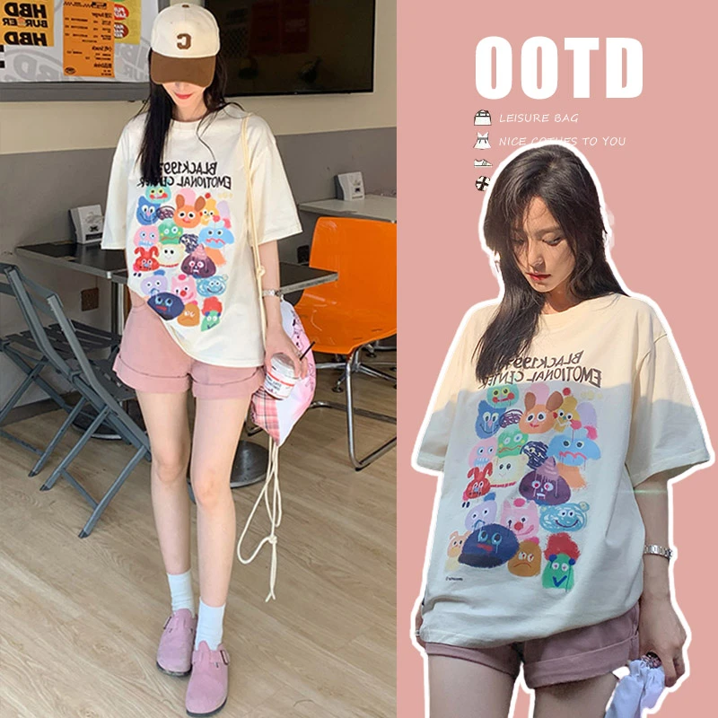 网红孕妇套装夏季新款休闲减龄涂鸦短袖上衣女宽松短裤两件套夏装