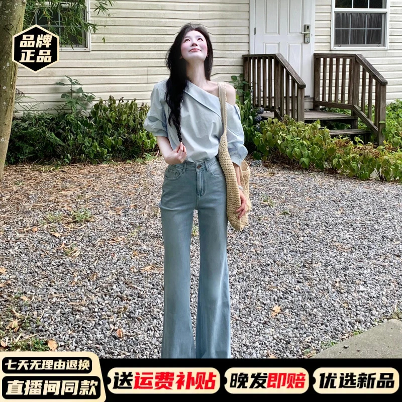 蓝色斜肩短袖衬衣女夏季2025新款超好看独特漂亮小衫绝美上衣4628