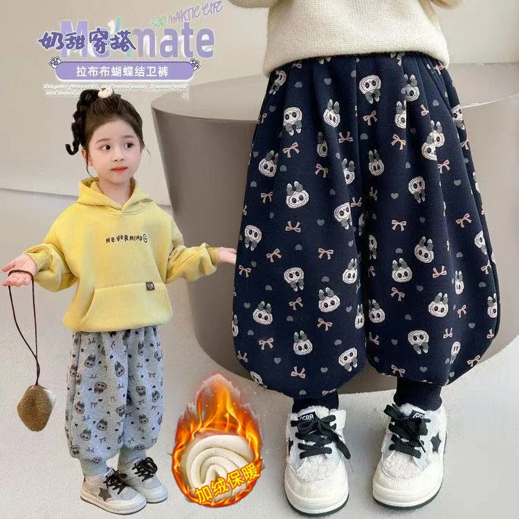 冬季韩版休闲风女长裤童裤女童男童外穿女童加绒裤子卡通加厚束脚