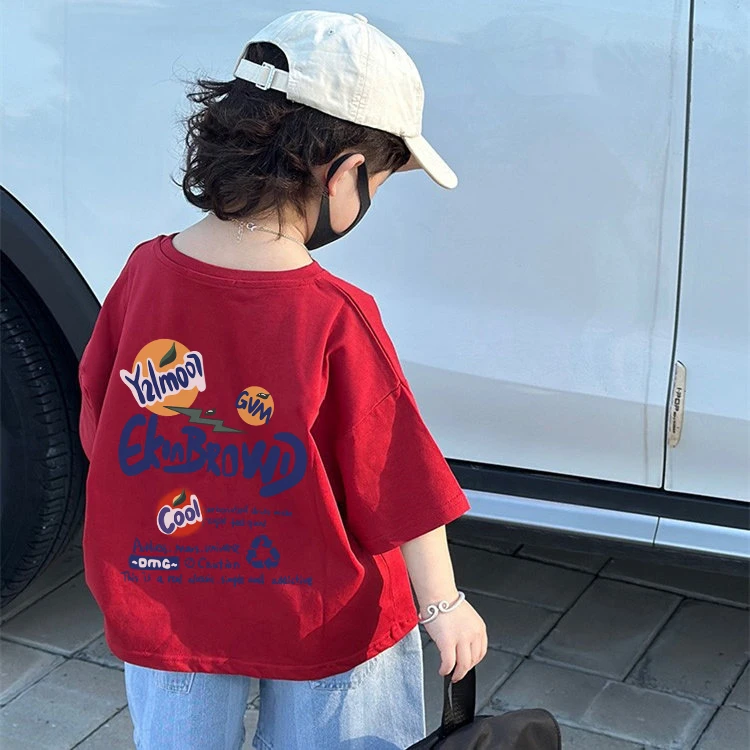 男童女童打底衫纯棉红色短袖t恤夏装半袖宽松街头潮流女童上衣
