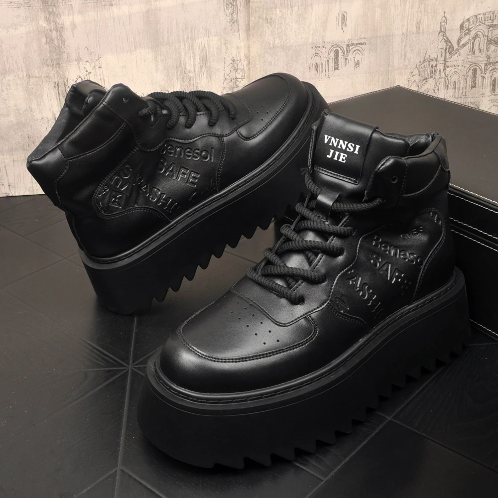 欧洲站高帮厚度板鞋男士秋季马丁靴厚底增高皮靴韩版潮流白色短靴