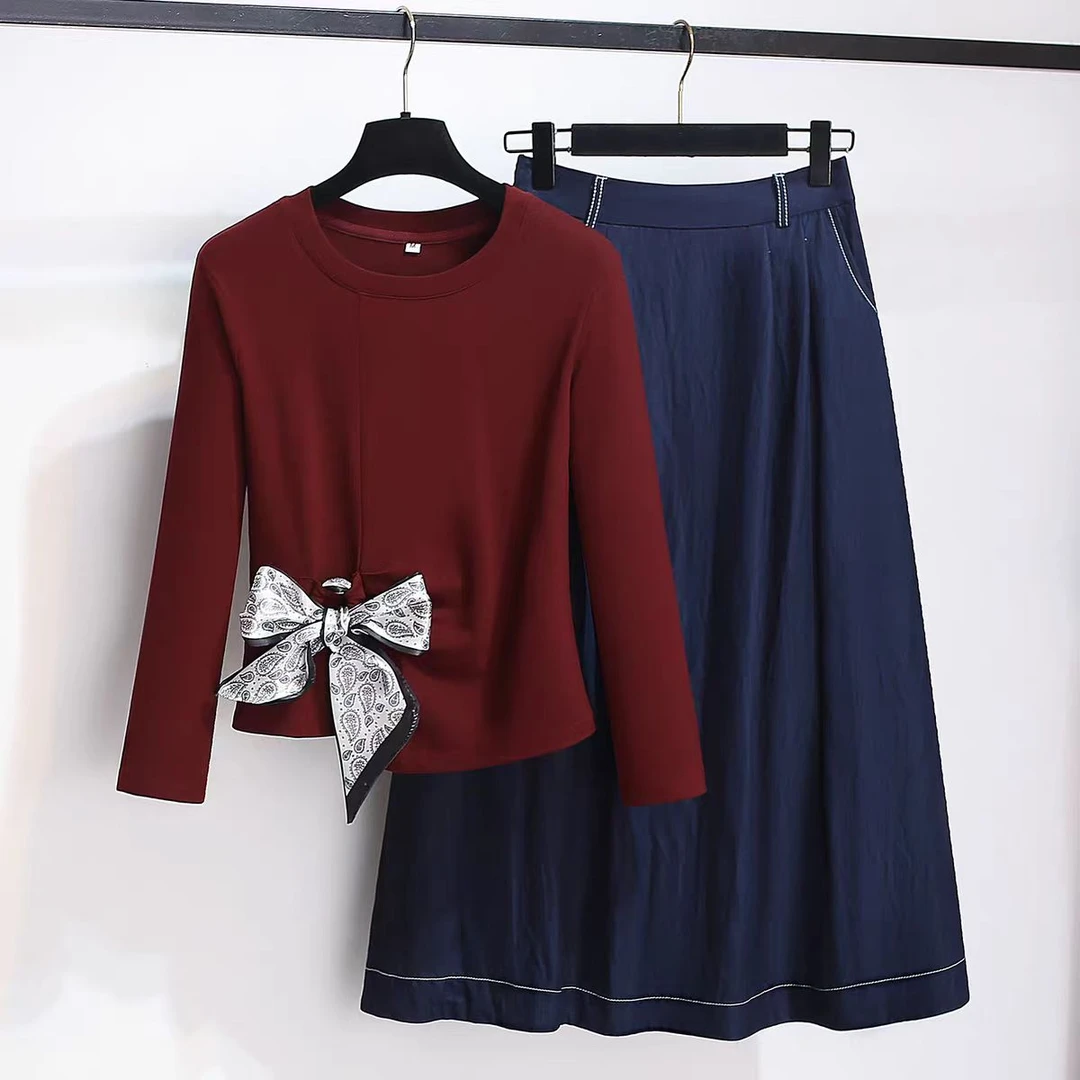 9952款蝴蝶结系带长袖上衣+牛仔半身裙两件套