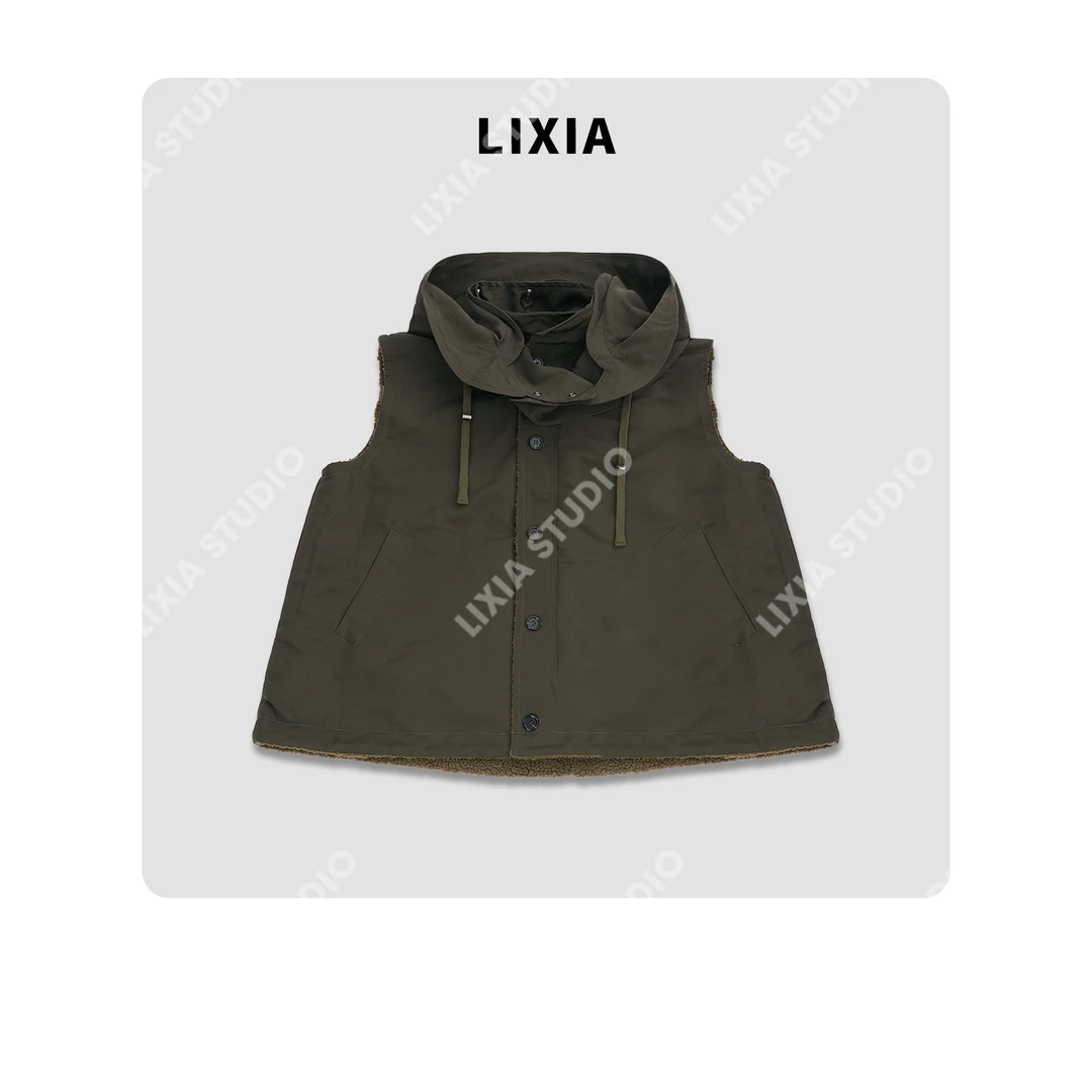 LIXIA【墨绿绒感】双面INS休闲风加绒连帽橄榄绿暖暖马甲-D10665