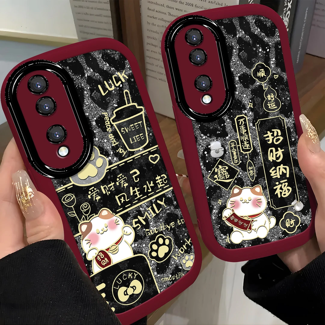 适用于【华为】荣耀70新款招财猫个性豹纹时尚硅胶防摔手机壳