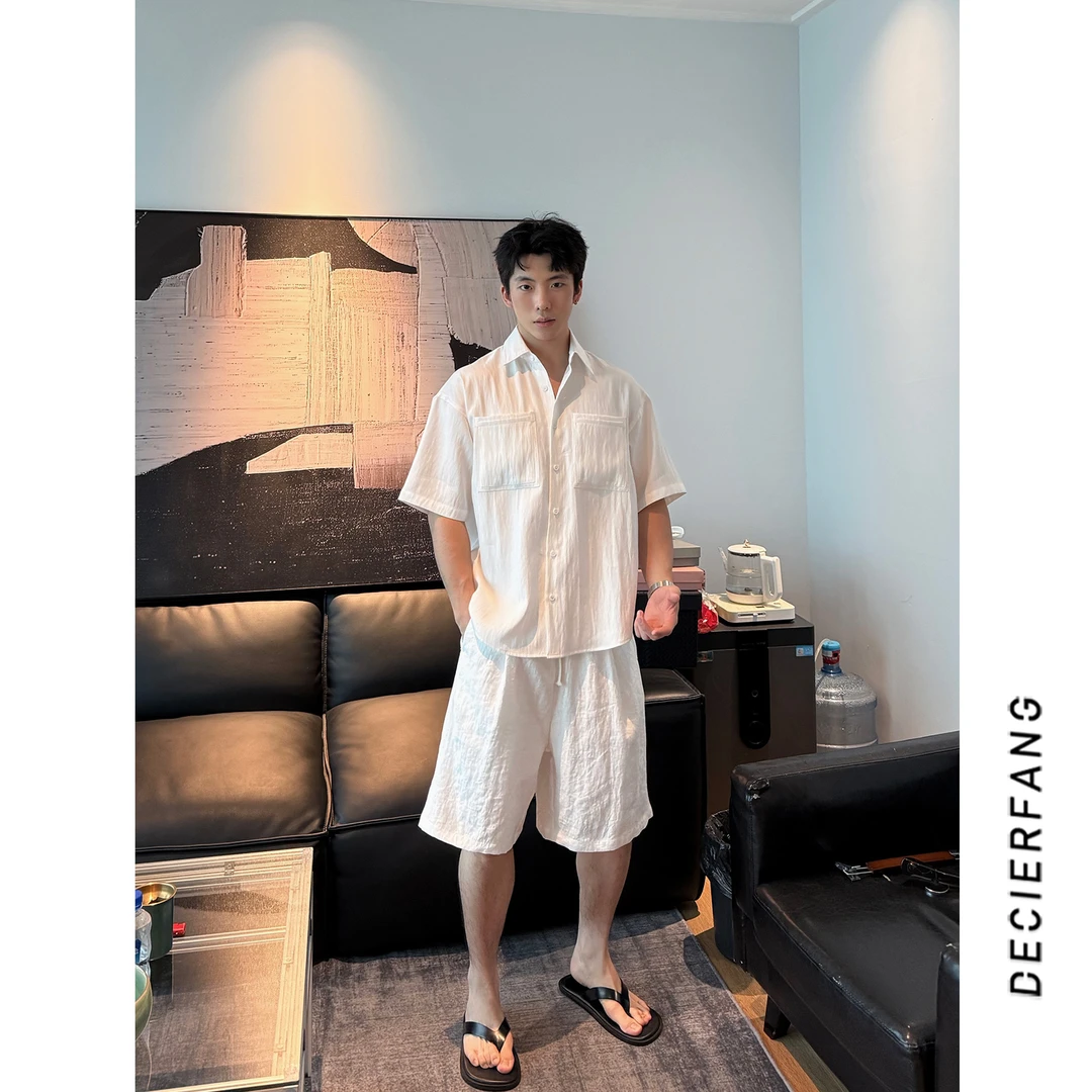 25夏季莱赛尔天丝亚麻老钱风休闲短袖衬衫夏季薄款短裤高级感套装