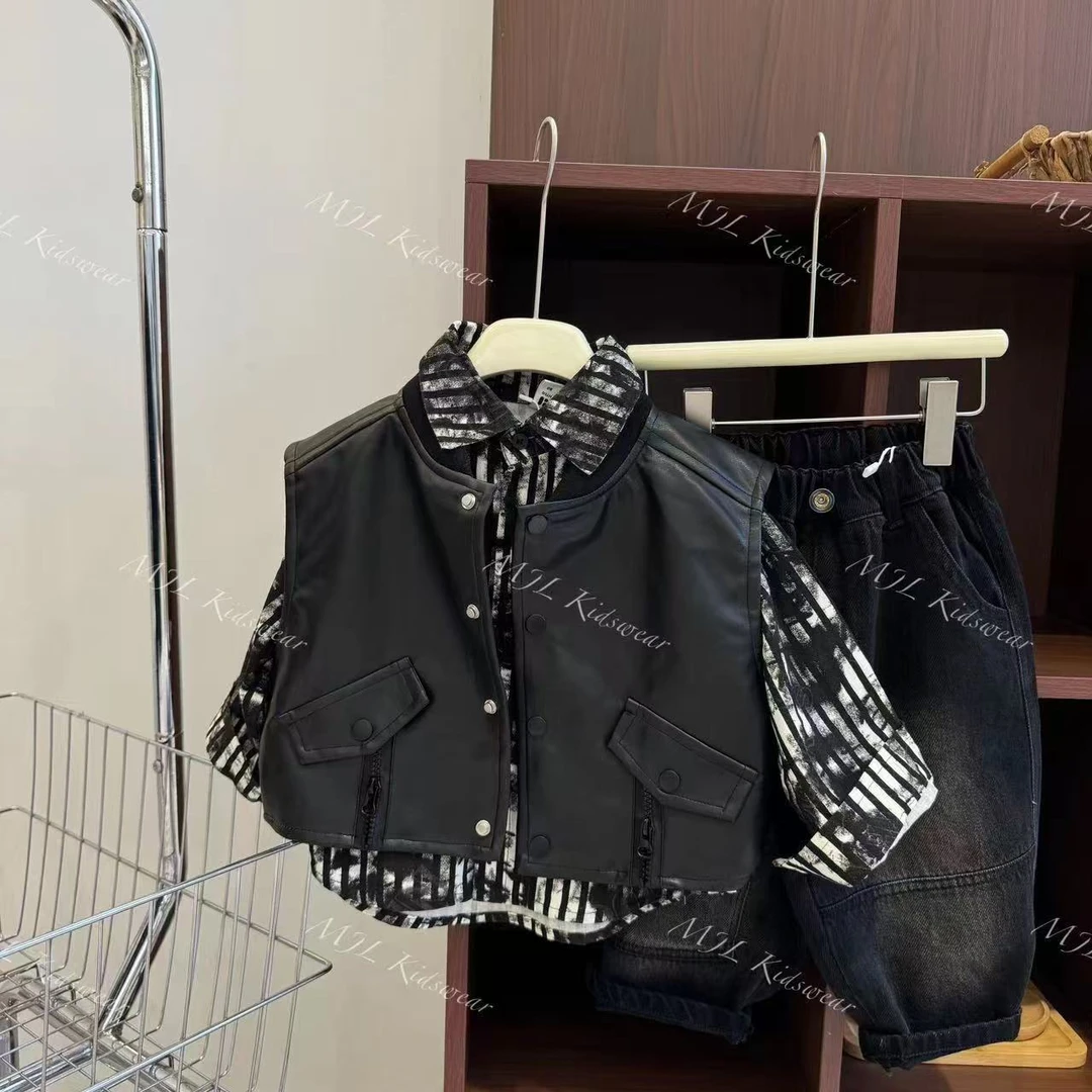 儿童皮衣马甲衬衫两件套春秋款2025新款宝宝秋冬男童痞帅外穿坎肩