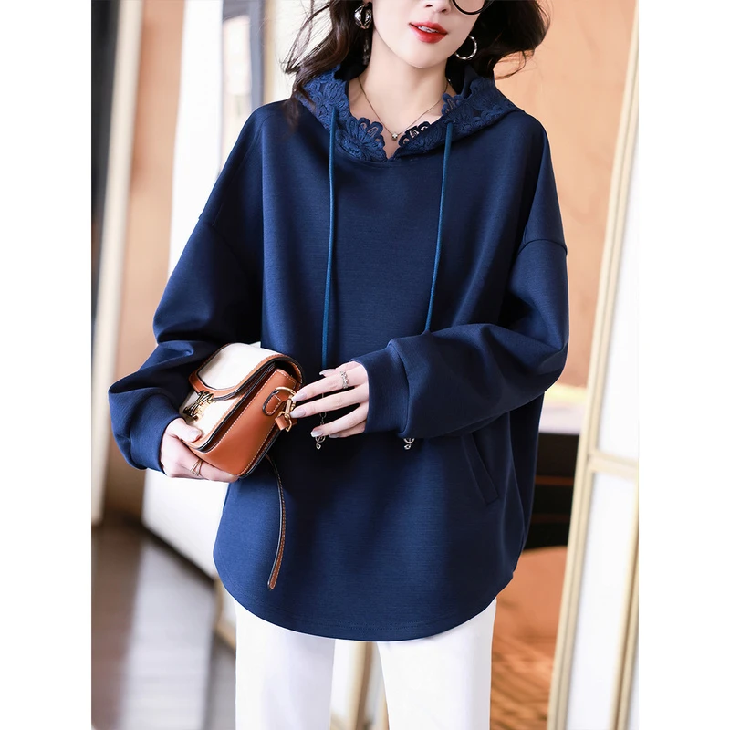 衣品乐原创微胖大码女装蕾丝连帽廓形抽绳卫衣B9957