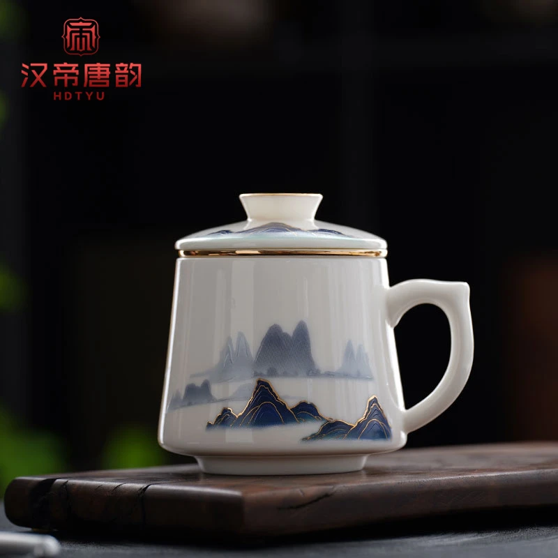 汉帝唐韵陶瓷马克杯高档羊脂玉白瓷宫廷风手工蓝山百川带盖泡茶杯