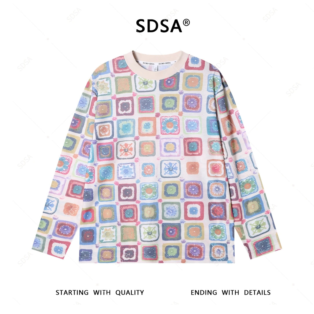 SDSA男士秋冬新款轻奢痞帅男装撞色图形设计圆领长袖T恤网红款潮