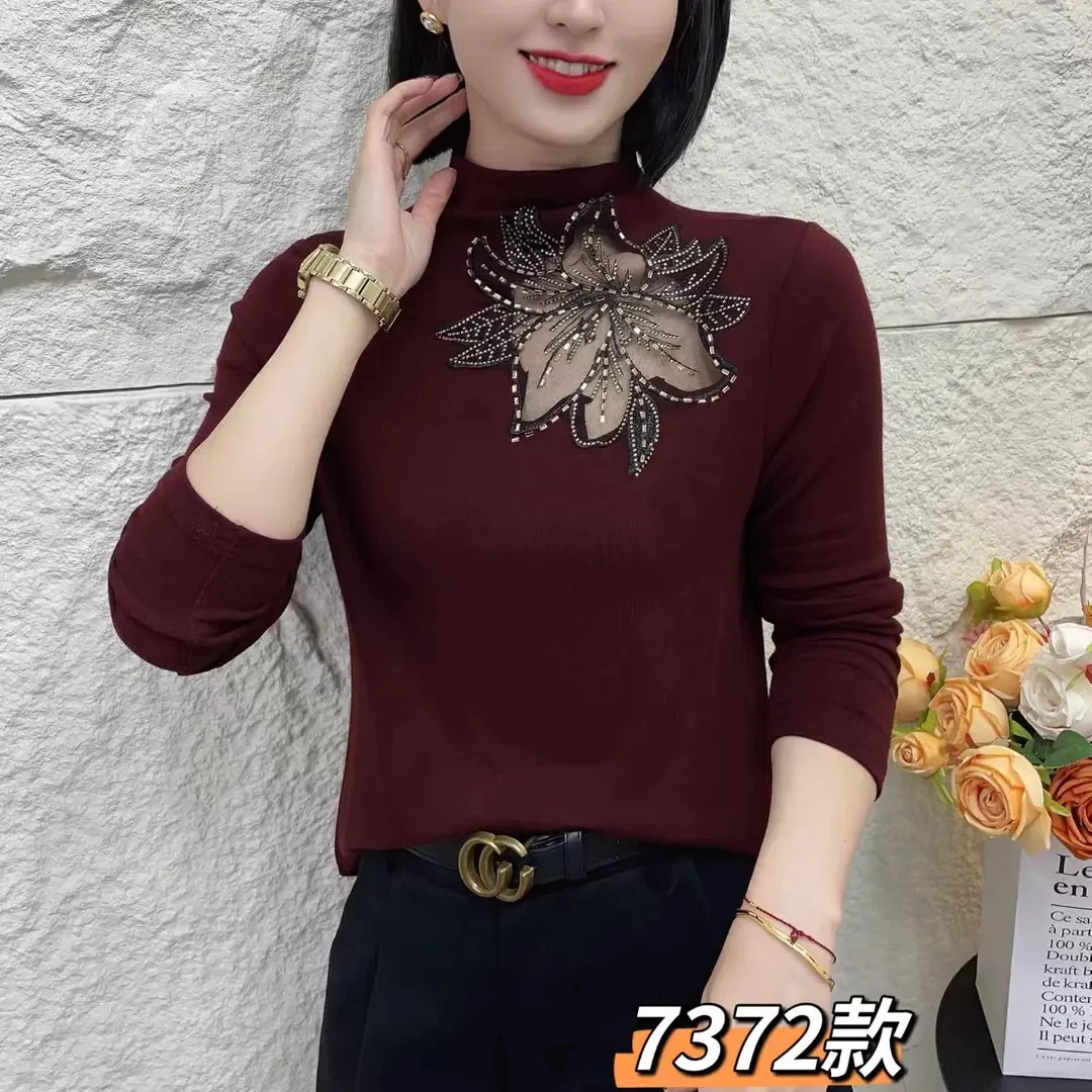 2025秋季新款时尚纯色镂空大花半高领洋气修身小衫#9011