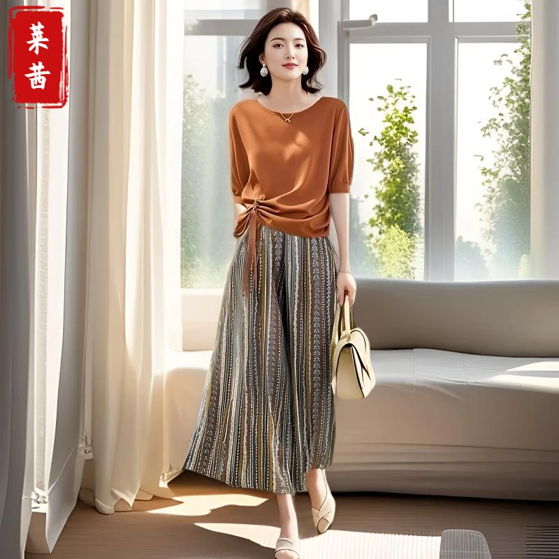 时尚休闲宽松遮肚洋气减龄两件套2025夏季新款显瘦印花阔腿裤套装