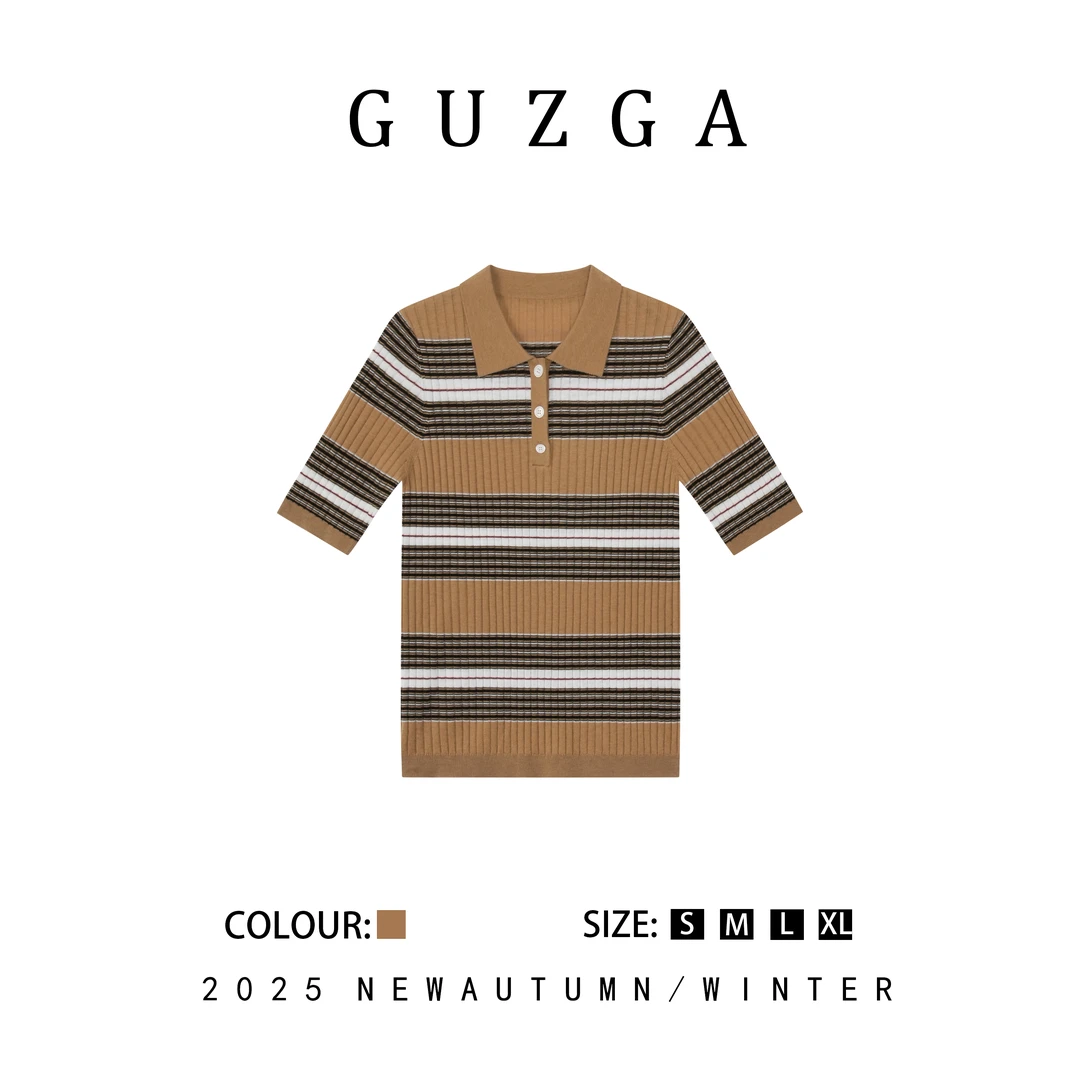GUZGA【颜姿俏丽】2025秋季上新POLO领针织条纹时尚高级感短袖
