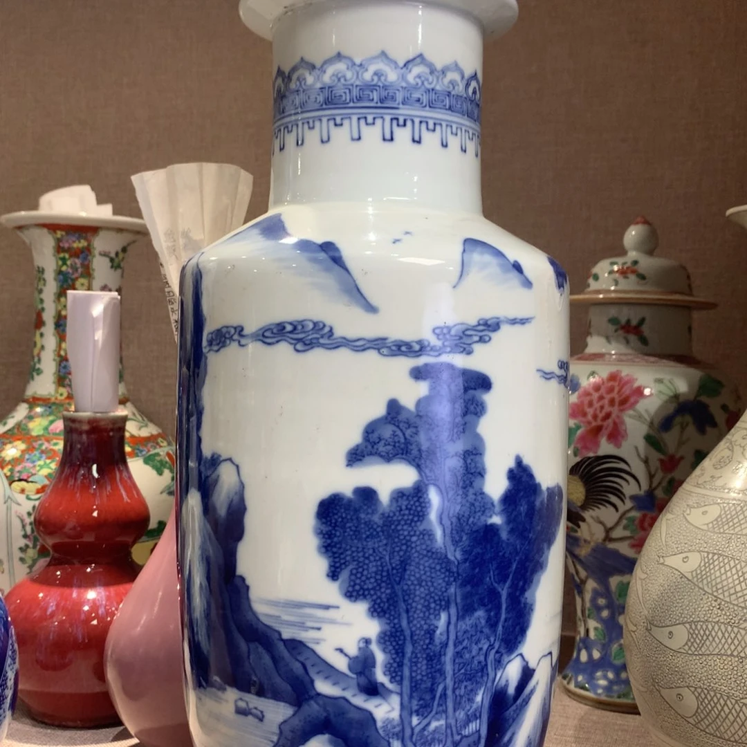 摆件青花山水人物棒槌瓶