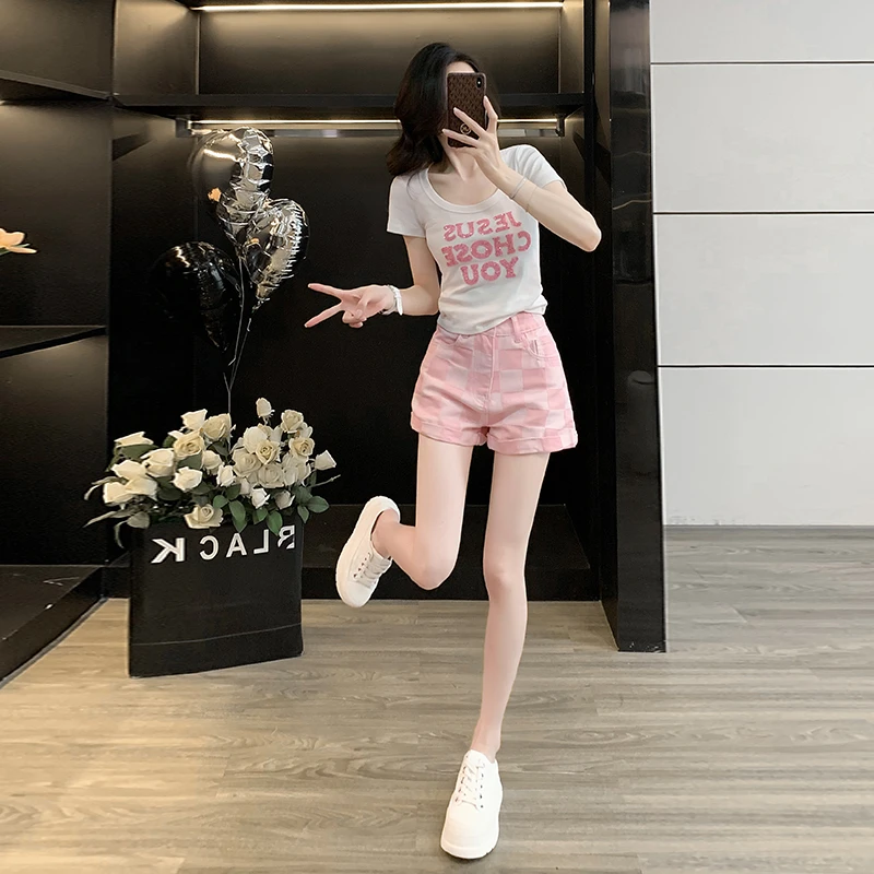 夏季珠片刺绣短袖牛仔短裤时尚显瘦气质高腰休闲复古减龄套装
