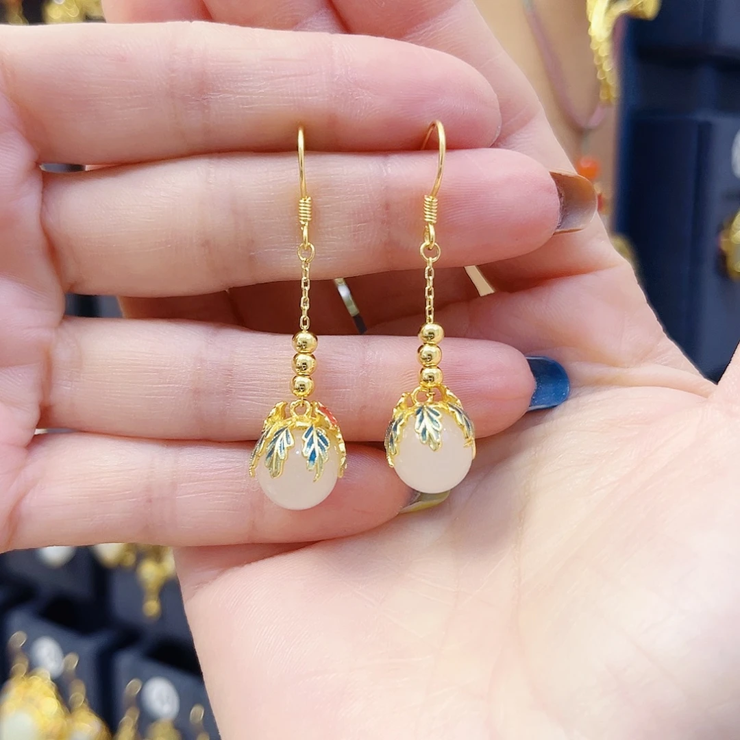 和田玉银S925镀金镶嵌耳饰