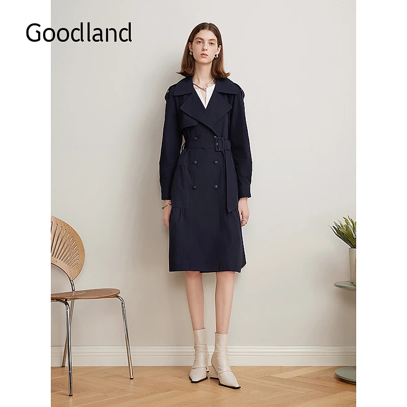 Goodland美地2025春季新款率性百搭欧若智性风双排扣风衣长款外套