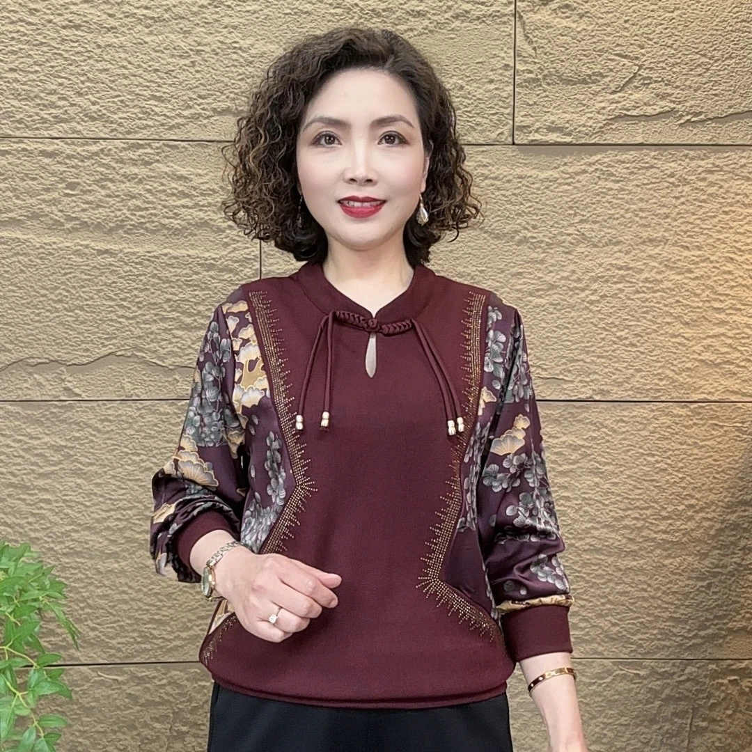 中老年妈妈装时尚拼接长袖上衣女士春季新款休闲减龄气质显瘦小衫