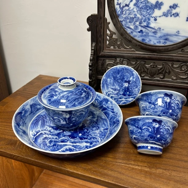 景德镇釉下青花哪吒茶具套装高档礼品瓷泡茶盖碗家用茶具