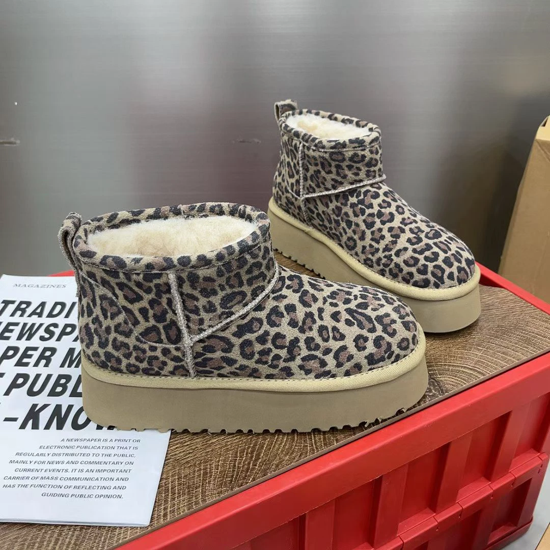 时尚豹纹雪地靴女冬季新款厚底加绒保暖增高短筒休闲百搭棉靴潮