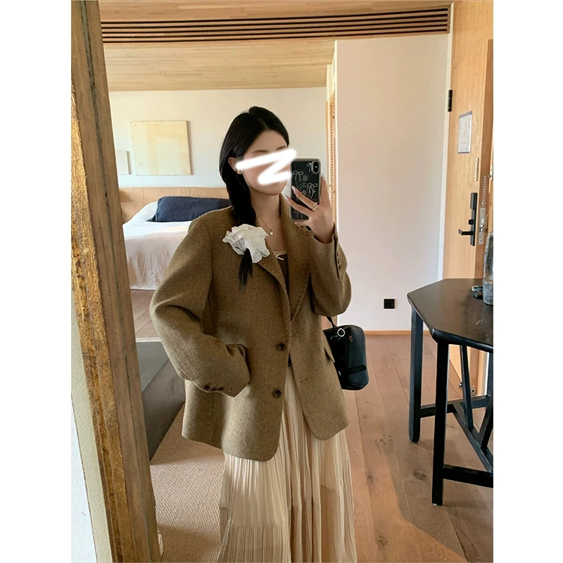 设计感手工缝线卡其色复古西装外套女秋冬装韩系显瘦气质时尚上衣
