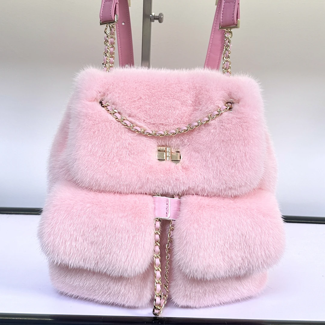 秋冬新款进口水貂毛小香风链条双肩包毛毛女包真皮真毛女包时尚潮