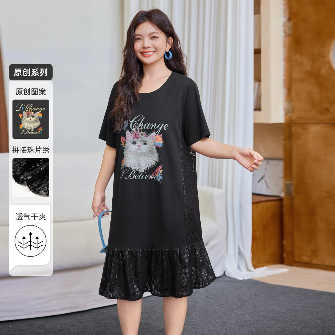 【喵系暗语】MsShe大码女装2025夏显瘦烫钻印花亮片连衣裙E2506043