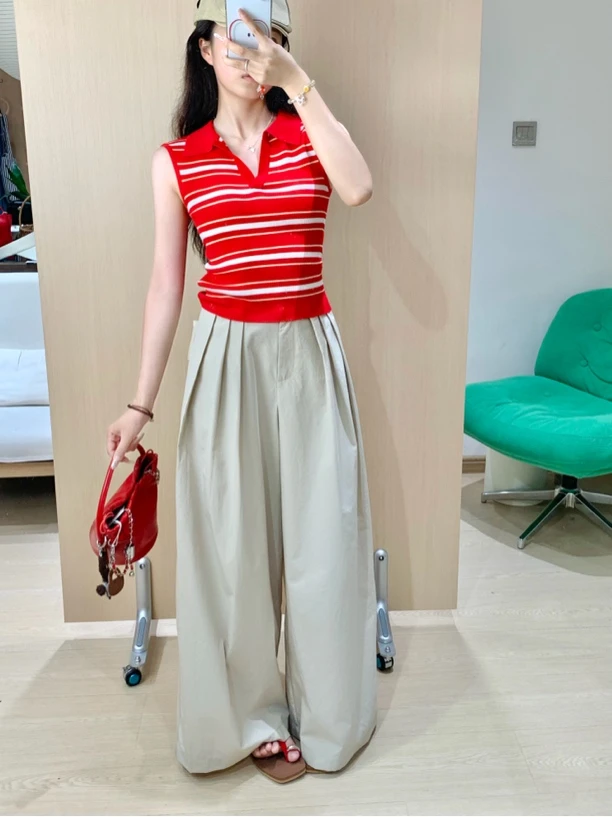 22STUDIO 卡其色休闲裤阔腿西裤女2025夏季新款简约设计感显腿长