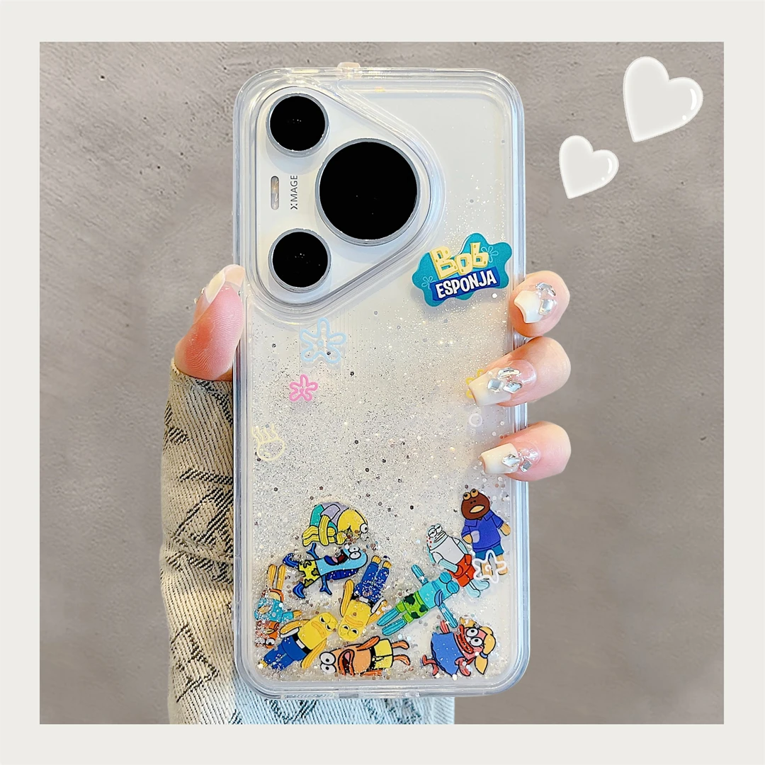 适用华为pura70pro+手机壳流沙滑块比奇堡居民带链条p60pro透明女